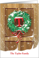 Monogram T Name Custom Wreath Rustic Door Snow Christmas card
