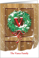 Monogram V Custom Name Wreath Rustic Door Snow Christmas card