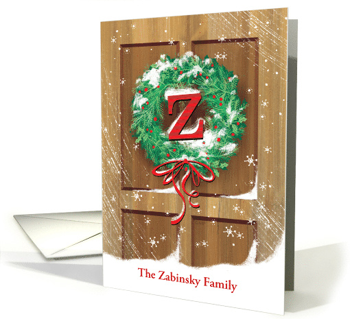 Z Name Monogram Wreath Rustic Door Snow Christmas card (1590138)