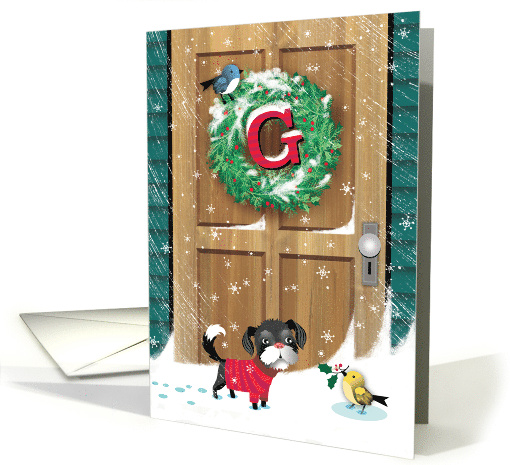G Christmas Wreath on Rustic Wood Door Dog and Bird card (1593980)