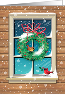 Holiday Wreath Cardinals Red Birds Window Rustic Wood Siding card