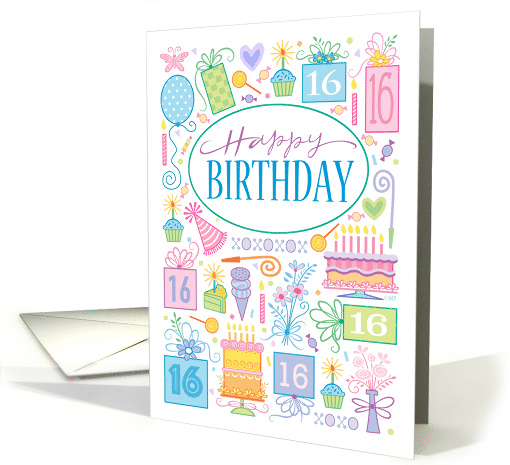 16th Birthday Birthday Cake Cupcake Presents Balloon card (1597686)