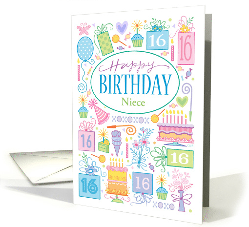16th Birthday Birthday Cake Cupcake Presents Balloon Neice card