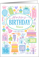 16th Birthday Birthday Cake Cupcake Presents Balloon Neice card