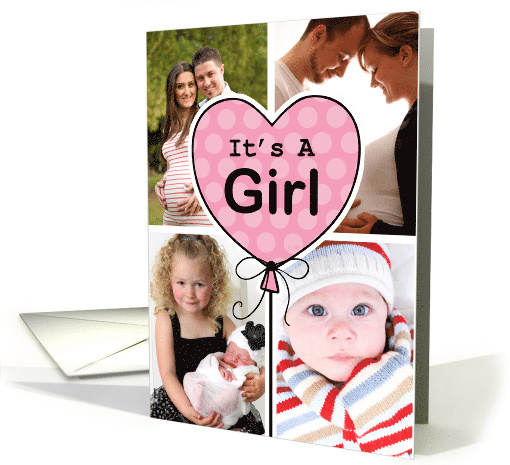 Birth Announcement Baby Girl Pink Balloon Custom Photo card (1618898)