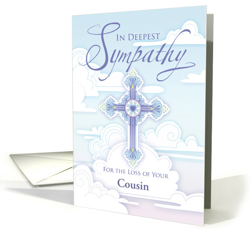 Sympathy Cross Blue Pastel Clouds Religious Loss of Cousin card