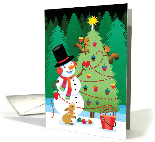 Happy Holidays Christmas Tree Snowman Squirrel Bunny Red Green card
