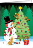 Happy Holidays Christmas Tree Snowman Squirrel Bunny Red Green card