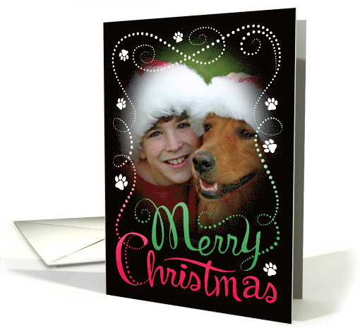 Dog Hand Lettered Merry Christmas Custom Photo Paw Prints card