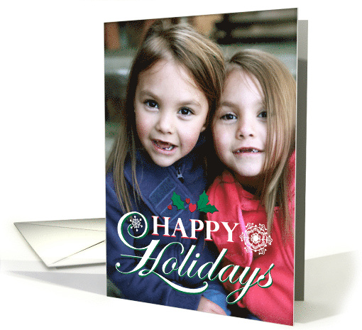 Far Apart Happy Holidays Holly and Lace Snowflakes Custom Photo card