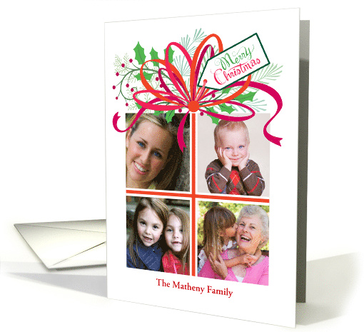 Custom Name 4 Photos Christmas Present With Holly And Pine card
