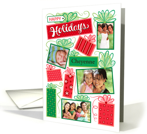 C Name Happy Holidays Christmas Presents 4 Custom Photo on White card