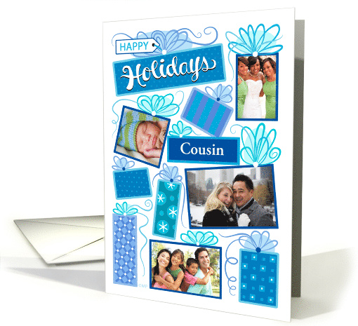 Cousin Happy Holidays Christmas Blue Presents 4 Custom Photo card