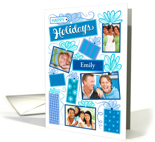 E Name Happy Holidays Christmas Blue Presents 4 Custom Photo card