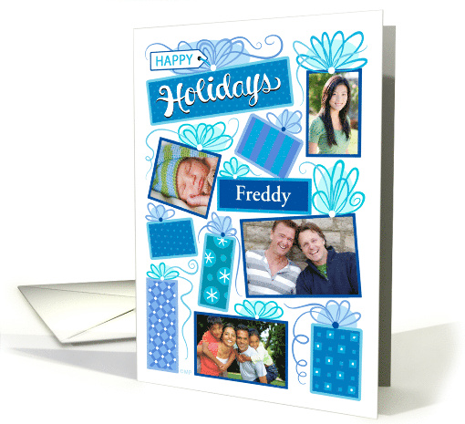 F Name Happy Holidays Christmas Blue Presents 4 Custom Photo card