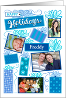 F Name Happy Holidays Christmas Blue Presents 4 Custom Photo card