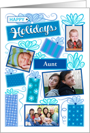 Aunt Happy Holidays Blue Christmas Presents With 4 Custom Photos card