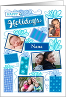 Nana Happy Holidays Blue Christmas Presents 4 Custom Photos card