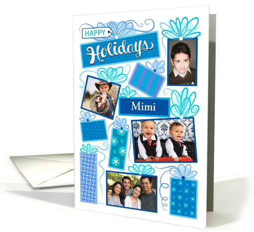 Mimi Happy Holidays Blue Christmas Presents 4 Custom Photos card
