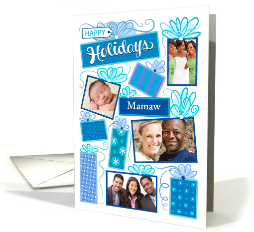 Mamaw Happy Holidays Blue Christmas Presents 4 Custom Photos card