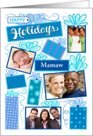 Mamaw Happy Holidays Blue Christmas Presents 4 Custom Photos card