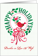 Brother in Law And Wife Happy Holidays Christmas Wreath Red Bird card