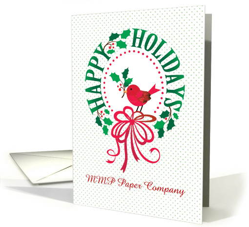 Business Custom Merry Christmas Happy Holidays Wreath Red Bird card