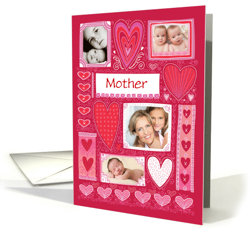 Mother 4 Custom Photos Valentine Decorative Hearts Pink Red card