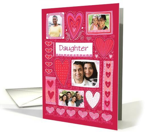 Daughter 4 Custom Photos Valentine Decorative Hearts Pink Red card