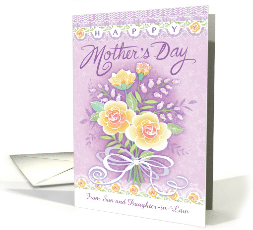 From Son and Daughter in Law Mother's Day Lace Peach Rose Bouquet card