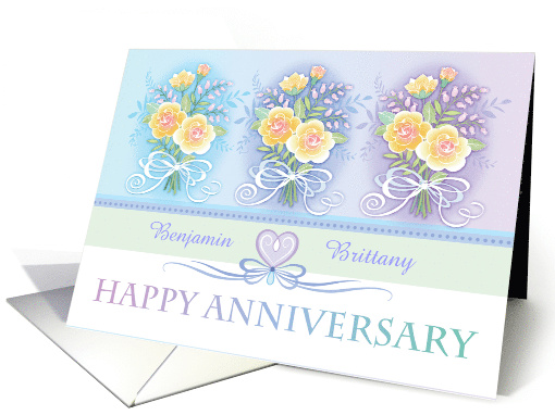 Custom Names Wedding Anniversary Blue Purple Yellow Bouquets card