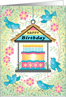 Bird Feeder Birthday Cake Blue Birds card