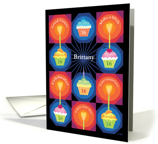 Sweet 16 Custom Name Happy Birthday Cupcakes Treats Heart Candles card