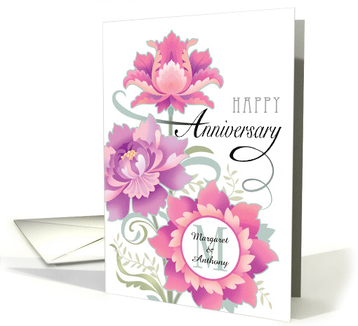 Custom Couple Names M Wedding Anniversary Pink Romantic Peonies card