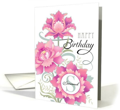 Custom Name S Monogram Happy Birthday Delicate Pink Peony Floral card