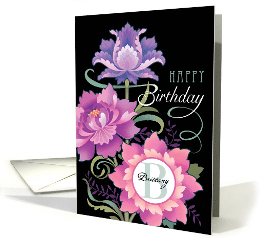 Custom Name B Monogram Happy Birthday Lavender Pink Peony Floral card