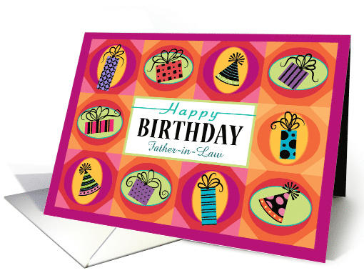 Father in Law Happy Birthday Colorful Presents Party Hats card