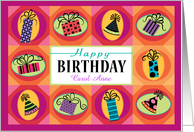 Custom Name Happy Birthday Colorful Presents Party Hats card