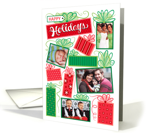 4 Custom Photos Happy Holidays Red Green Christmas Presents card