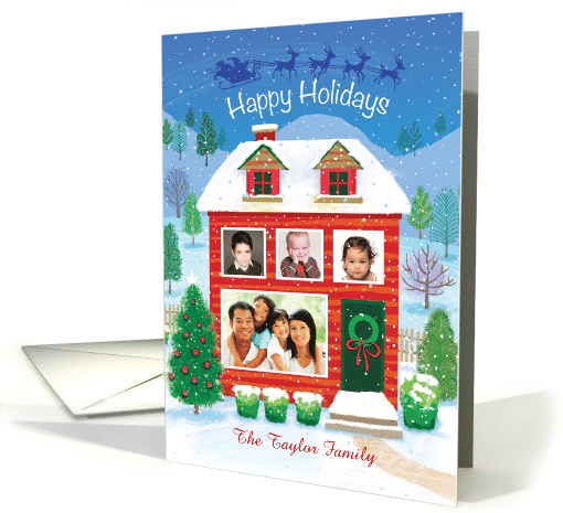 4 Custom Photos Happy Holidays Red House Santa Reindeer card (1694212)