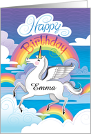 Custom E Name Happy Birthday Unicorn Rainbows Clouds Hand Lettered card