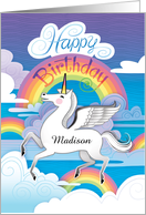 Custom M Name Happy Birthday Unicorn Rainbows Clouds Hand Lettered card
