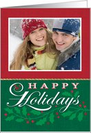 Custom Photo Rustic Burlap Holly Happy Holidays Typography card