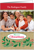 Custom Photo Rustic Burlap Holly Merry Christmas Typography card