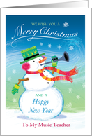For Music Teacher Trumpet Playingl Snowman Merry Christmas card