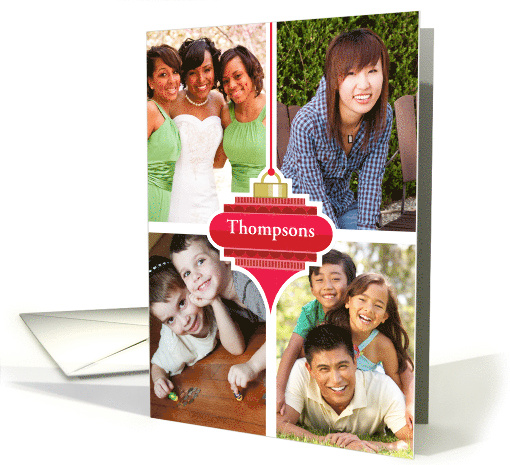 4 Custom Photos And Name Retro Red Christmas Ornament card (1702790)