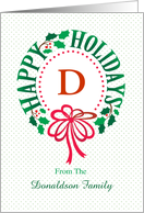 Monogram D and Custom Name Typography Christmas Wreath card