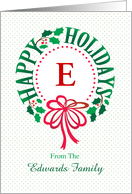 Monogram E and Custom Name Typography Christmas Wreath card