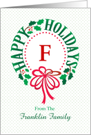 Monogram F and Custom Name Typography Christmas Wreath card