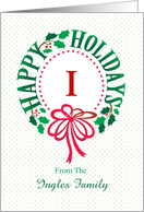 Monogram I and Custom Name Typography Christmas Wreath card